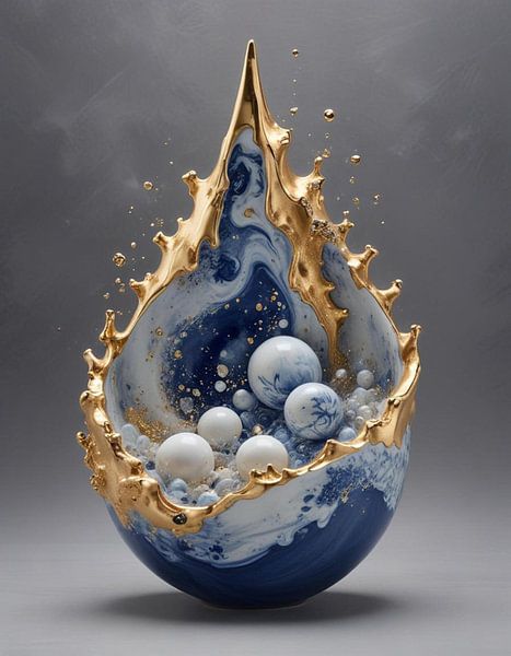 Glass vase with delft blue stones and gold by J.a Dijkstra