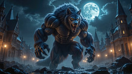 Fantasy Gothic Wall Art: RAVENKRAUL - A Muscular Werewolf Stomps Through a City by INFERAURUM - Dark Fantasy Wall Art