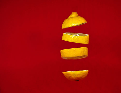 Schwebende, in Scheiben geschnittene gelbe Zitrone – Levitation-Kunstwerk