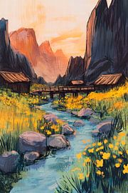 Idyllische Landschaft mit Fluss und Brücke von Poster Art Shop