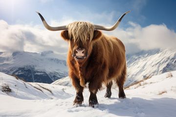 Scottish highlander in snowy landscape