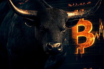 Stier tegen Bitcoin-achtergrond - Financiën van Poster Art Shop