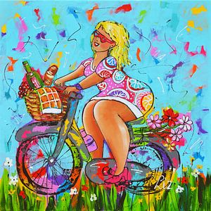 Dame auf dem Fahrrad von Vrolijk Schilderij