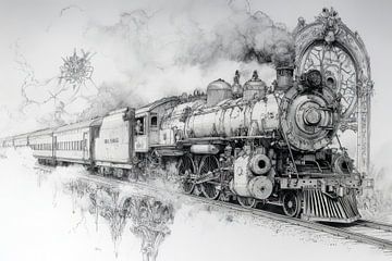Gedetailleerde tekening van een stoomtrein, vintage, industrieel, monochroom van Peter Pen tekeningen en schilderijen