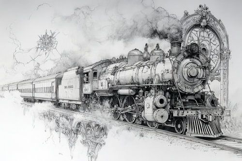 Detailed drawing of a steam train, vintage, industrial, monochrome