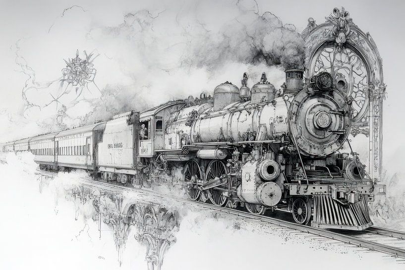Detaillierte Zeichnung einer Dampfeisenbahn, vintage, industriell, monochrom von Peter Pen Zeichnungen und Gemälde