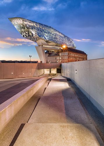Antwerp Port House at twilight with underground parking entrance 2