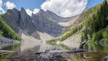 Canadese Rocky Mountains weerspiegeld in kalm bergmeer van Arjen Tjallema