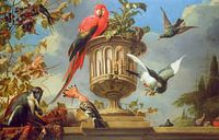 Scharlaken ara op een urn, met andere vogels en een aap die druiven eet, Melchior d'Hondecoeter van Bridgeman Masters thumbnail
