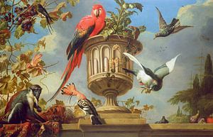 Scharlaken ara op een urn, met andere vogels en een aap die druiven eet, Melchior d'Hondecoeter