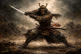 Dynamische krijger in de regen – Japanse kunstcollectie