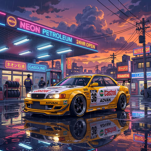 Toyota Chaser JZX100 JTCC JDM Sports Sedan Neon Gas Station Graphic Illustration