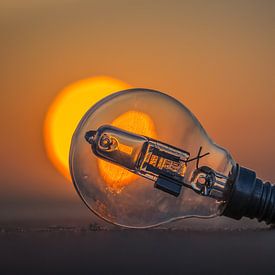 Ampoule sur la plage devant le soleil couchant. sur Smit in Beeld