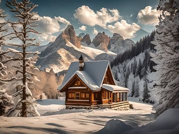 huisje in de bergen op een winterse dag van TrishaVDesigns