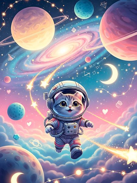 Cute Astronaut Cat Exploring Colorful Space Landscape by HASANUL FAUZIE