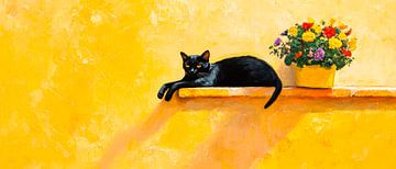 Zwarte kat op vensterbank met bloemen van Poster Art Shop