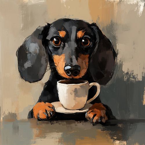 Koffiemoment – Teckel Schilderij