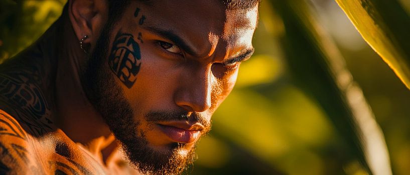 Regard intense d'un homme tatoué par Poster Art Shop