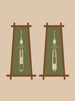 Abstract illustration of Thai dolls in costume in green and beige