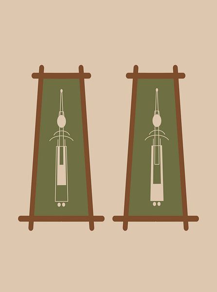 Abstract illustration of Thai dolls in costume in green and beige by UMA Digital NL