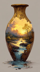 Landschaft und fließender Fluss in einer kunstvollen Steinvase