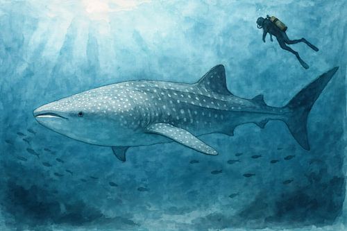 Zwemmen naast een walvishaai (AI) (scuba diving, onderwaterwereld, haai met stippen, diepe zee, imposant, avontuurlijk, maritiem, sport))