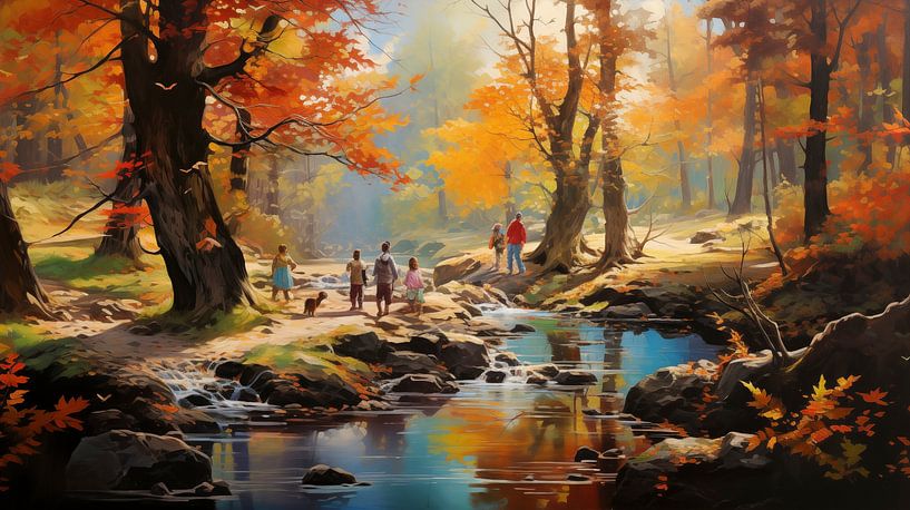 herbstlicher Wald in vielen bunten Farben mit einem Bachlauf und Kindern die spielen mit den Laubblättern, Kunst Design von Animaflora PicsStock