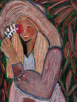Portrait with pastel chalk, girl with hat and flower