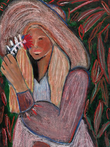 Modern portret met pastel krijt, meisje met hoed en bloem van Studio Gjil
