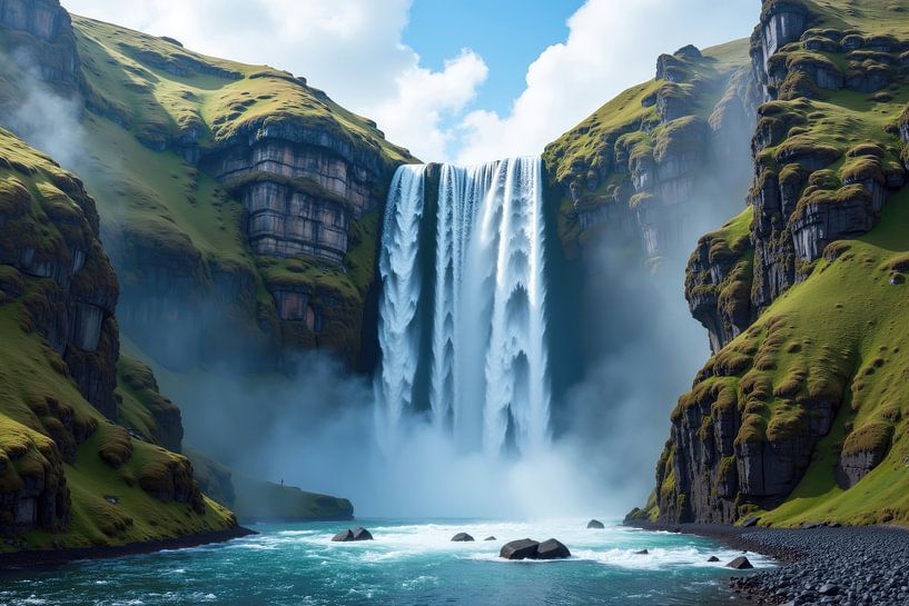Majestätischer Wasserfall, der in einen unberührten Fluss in Island stürzt von Markus Gann