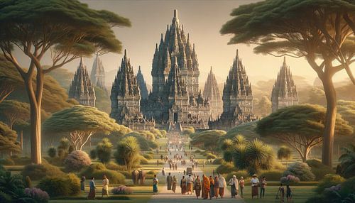 Prambanan tempel in Javan tijdens de schemering