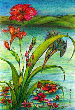 Japanse kunst/ Vogel en de waterlelies met kleurpotlood getekend. van Ineke de Rijk