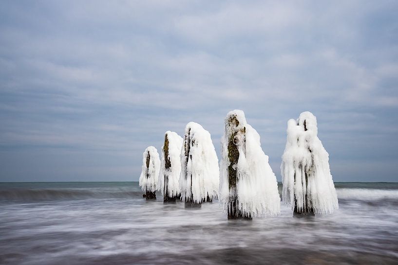 Groynes on shore of the Baltic Sea in winter time by Rico Ködder
