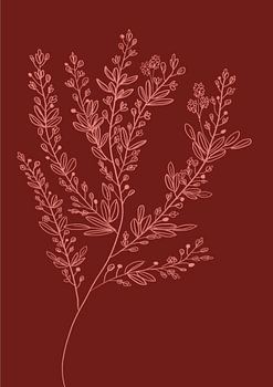 Botanical Branch on Wine Red - Minimalist Line Drawing
