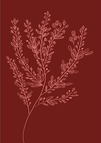 Botanical Branch on Wine Red - Minimalist Line Drawing