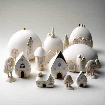Miniatuur landschap porselein wit goud surrealistische huizen bomen van gm_designs