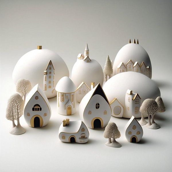 Miniature landscape porcelain white gold surreal houses trees by gm_designs