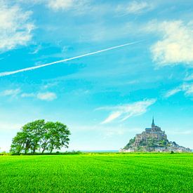 Mont Saint Michel klooster en groene velden. Normandië, Frankrijk van Stefano Orazzini