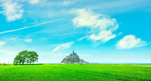 Monastère du Mont Saint Michel et champs verdoyants. Normandie, France