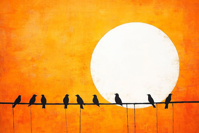 Vögel auf Drahtstrang im Sonnenuntergang von Poster Art Shop