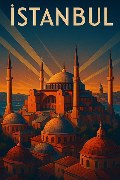 Vintage Istanbul Muurkunst - Zonsondergang over Hagia Sophia van Travel Shop