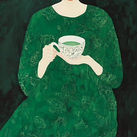 Femme avec une tasse de thé, œuvre d'art moderne représentant une femme en vert émeraude sur IamHome Studio