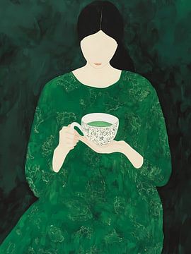 Woman with cup of tea, modern emerald green female art