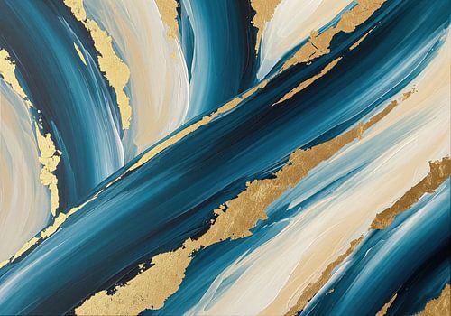 Abstract schilderij met blauwe, witte en gouden penseelstreken