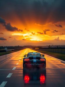 Porsche 911 GT3 RS Schwarzer und blauer Streifen im Sonnenuntergang