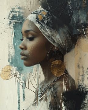 Portrait moderne et abstrait d'une jeune femme africaine sur Carla Van Iersel