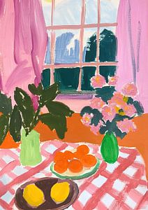 Gouache mit Zitronen, Blumen und Karos