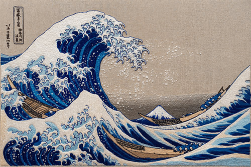 Art traditionnel japonais : « La Grande Vague » avec le mont Fuji, en texture textile