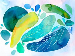 Abstrakte botanische Aquarellmalerei in frischen Blau- und Grüntönen