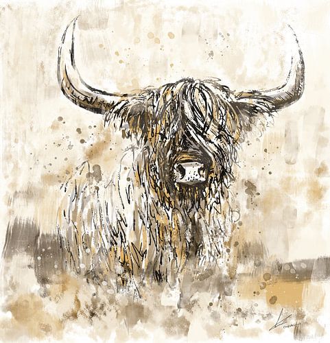 Goud geel schilderij van een schotse hooglander